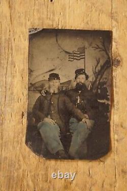 1860 s Hand Colored Civil War Union Soldiers Tintype Father & Son 5 Cent Stamp