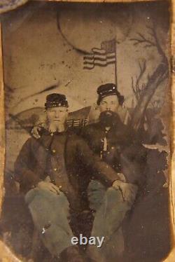 1860 s Hand Colored Civil War Union Soldiers Tintype Father & Son 5 Cent Stamp