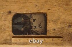 1860 s Hand Colored Civil War Union Soldiers Tintype Father & Son 5 Cent Stamp