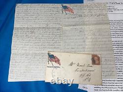 1861 Civil War Soldier Letter To Wife American Flag Stationary, Stamped Envelop