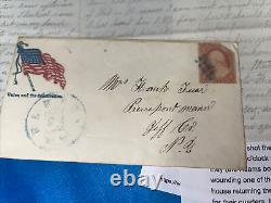 1861 Civil War Soldier Letter To Wife American Flag Stationary, Stamped Envelop