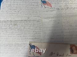 1861 Civil War Soldier Letter To Wife American Flag Stationary, Stamped Envelop