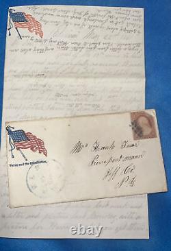 1861 Civil War Soldier Letter To Wife American Flag Stationary, Stamped Envelop