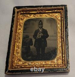 1864 Civil War Uniformed Regimental Union Bugler Tintype Photograph 2 x 2.5