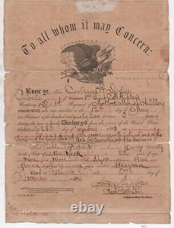 1864 US Civil War Discharge Certificate Cortland Dodge New York Marine Artillery