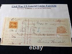 1865 Civil War GENERAL LUCIUS FAIRCHILD Signed Check Payment Sec State JSA COA