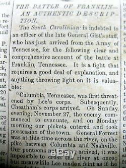 1865 Confederate Civil War newspaper w BATTLE OF FRANKLIN-Nashville TENNESSEE
