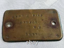 1875 Oswego New York Mark C. Fish Soldier Brass CIVIL War Name Plate Military Ny