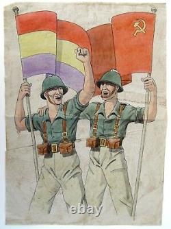 1936 Original Art for a Spanish Civil War Propaganda Poster Soldiers with Flags