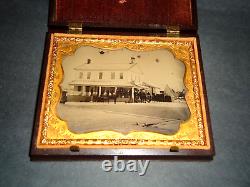 1/4 P. Ambrotype Civil War Era Armed Men, Hotel, Buildings, Horses, Dog, Tintype