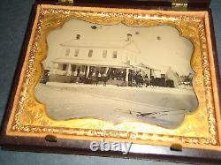 1/4 P. Ambrotype Civil War Era Armed Men, Hotel, Buildings, Horses, Dog, Tintype