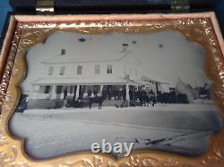 1/4 P. Ambrotype Civil War Era Armed Men, Hotel, Buildings, Horses, Dog, Tintype