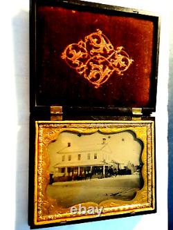 1/4 P. Ambrotype Civil War Era Armed Men, Hotel, Buildings, Horses, Dog, Tintype