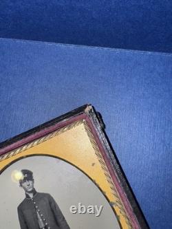 1/4th Plate Tintype Image Of Union Soldier, Standing, Repaired Case, Original