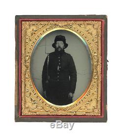 1/6 Plate Civil War Ruby Ambrotype Armed New Hampshire Private with Havelock Hat