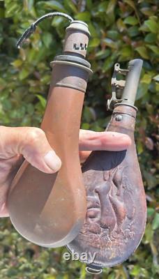 2 CIVIL WAR GUN POWDER FLASKS 1 LEATHER RABBIT KILL 1 COPPER shot pouch PAIR OF