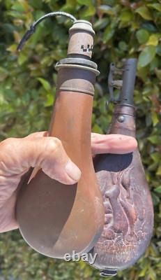 2 CIVIL WAR GUN POWDER FLASKS 1 LEATHER RABBIT KILL 1 COPPER shot pouch PAIR OF