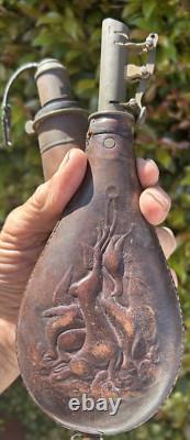 2 CIVIL WAR GUN POWDER FLASKS 1 LEATHER RABBIT KILL 1 COPPER shot pouch PAIR OF