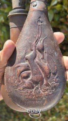 2 CIVIL WAR GUN POWDER FLASKS 1 LEATHER RABBIT KILL 1 COPPER shot pouch PAIR OF