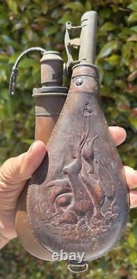2 CIVIL WAR GUN POWDER FLASKS 1 LEATHER RABBIT KILL 1 COPPER shot pouch PAIR OF