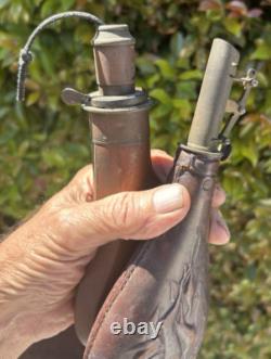 2 CIVIL WAR GUN POWDER FLASKS 1 LEATHER RABBIT KILL 1 COPPER shot pouch PAIR OF