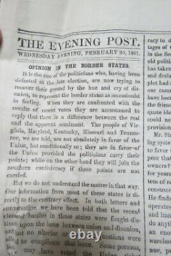 3 EVENING POST NY FEB. 1861 Eve Of Civil War Newspapers