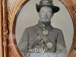 6th plate tintype of a Union freckled-face infantry sergeant, 2x armed