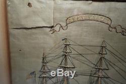 Antique 19th Century Needlework Silk Embroidery US Navy Civil War Clipper Ship