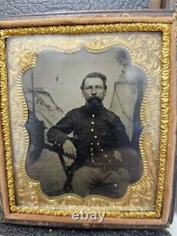 Antique 1/6 Plate Civil War Tintype Soldier Cannon & Camp Scene In Uniform