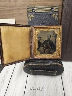 Antique 1/6 Plate Civil War Tintype Soldier Cannon & Camp Scene In Uniform