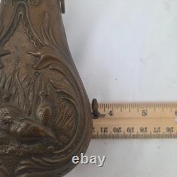 Antique Brass Embossed Hunting Scene Black Powder Flask Civil War Muzzleloader