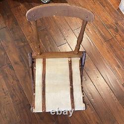 Antique CIVIL WAR ERA Folding Camp Chair Wood with Canvas & Leather Seat