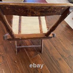 Antique CIVIL WAR ERA Folding Camp Chair Wood with Canvas & Leather Seat