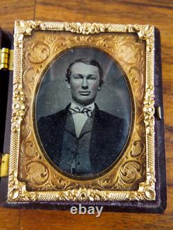 Antique Civil War Era 9th Plate Tintype Photo Man Hand Tinted Gutta Percha Case