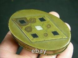 Antique Civil War Era Brass Snuff Box with Mirror Tramp Folk Art Onyx Pearl Inlay