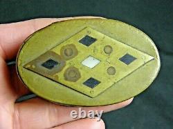 Antique Civil War Era Brass Snuff Box with Mirror Tramp Folk Art Onyx Pearl Inlay