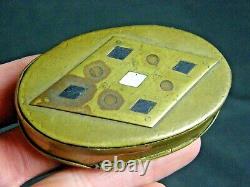 Antique Civil War Era Brass Snuff Box with Mirror Tramp Folk Art Onyx Pearl Inlay