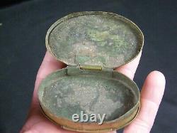 Antique Civil War Era Brass Snuff Box with Mirror Tramp Folk Art Onyx Pearl Inlay