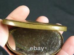Antique Civil War Era Brass Snuff Box with Mirror Tramp Folk Art Onyx Pearl Inlay