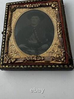 Antique Civil War Soldier Holding Pistol Tintype Photo In Gold Frame