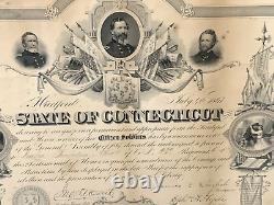Antique Civil War State of Connecticut Commemoration Certificate in Wood Frame