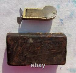 Antique Fleam. Unusual Small Engraved Brass Civil War Era Fleam w Leather Case