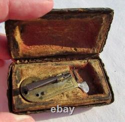 Antique Fleam. Unusual Small Engraved Brass Civil War Era Fleam w Leather Case