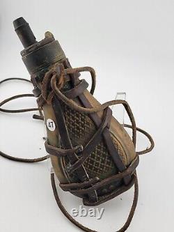 Antique Gun Powder Flask Civil War Era With Embossed Art Design & Leather Strap