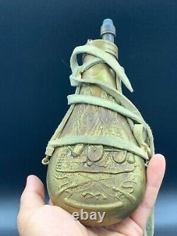 Antique Italian Embossed Brass Black Gun Powder Shot Flask With Original String