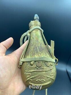 Antique Italian Embossed Brass Black Gun Powder Shot Flask With Original String