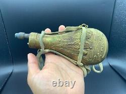 Antique Italian Embossed Brass Black Gun Powder Shot Flask With Original String