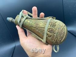 Antique Italian Embossed Brass Black Gun Powder Shot Flask With Original String