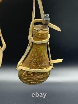Antique Italian Embossed Brass Black Gun Powder Shot Flask With Original String