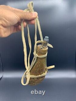 Antique Italian Embossed Brass Black Gun Powder Shot Flask With Original String